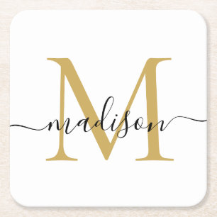 Modern Elegant Black Guld Monogram Script Namn Underlägg Papper Kvadrat