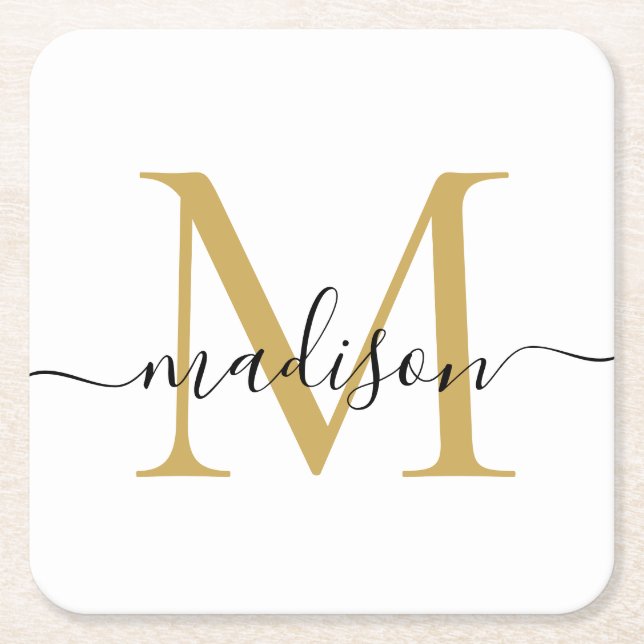 Modern Elegant Black Guld Monogram Script Namn Underlägg Papper Kvadrat (Framsidan)