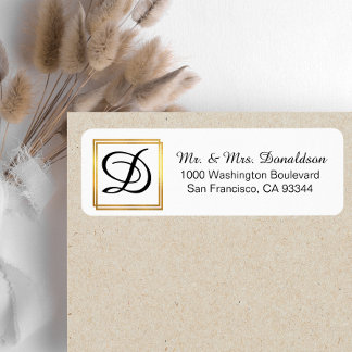 Modern Elegant Black Guld Ram Monogram Initialer Returadress Etikett