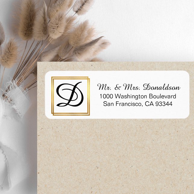 Modern Elegant Black Guld Ram Monogram Initialer Returadress Etikett (Skapare uppladdad)