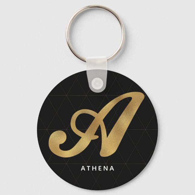 Modern Elegant Black Guld Snyggt Monogram A Nyckelring (Framsida)