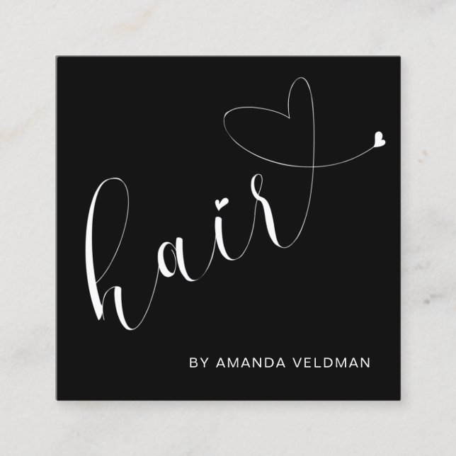 Modern Elegant Black Heart Hair Stylist Fyrkantigt Visitkort (Framsida)