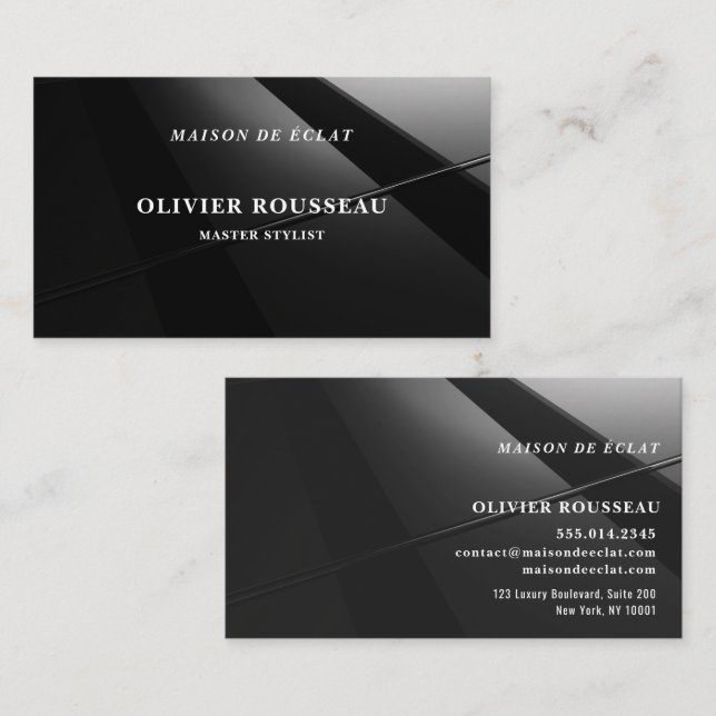 Modern Elegant Black Metallic Master Stylist Visitkort (Fram/baksida)