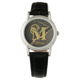 Modern Elegant Black och Guld Monogram namn Armbandsur