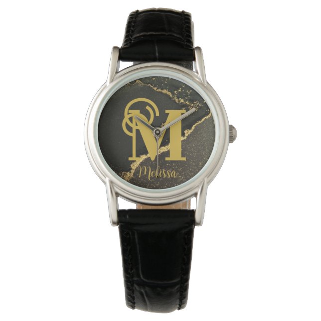 Modern Elegant Black och Guld Monogram namn Armbandsur (Framsida)