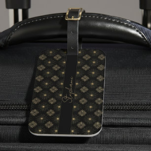 Modern Elegant Black och Guld Monogram Namn Bagagebricka