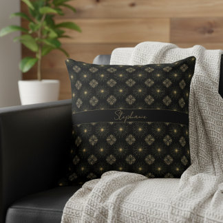 Modern Elegant Black och Guld Monogram Namn Kudde