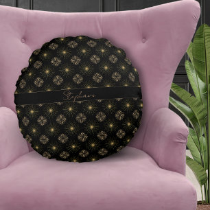 Modern Elegant Black och Guld Monogram Namn Rund Kudde