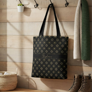 Modern Elegant Black och Guld Monogram Namn Tygkasse