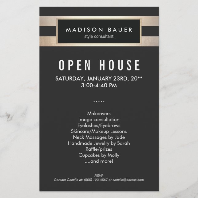 Modern Elegant Black och Guld Rand Flygblad (Framsidan)