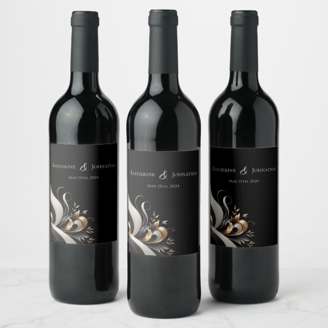 Modern Elegant Black och Guld Vinflaska Etikett (Flaskor)
