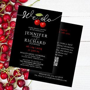 Modern Elegant Black Red Chery QR Code Calligraphy Inbjudningar