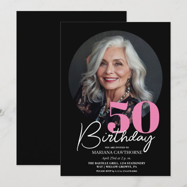 Modern Elegant Black Rosa 50:e Födelsedagsfesten Inbjudningar (Fram/baksida)