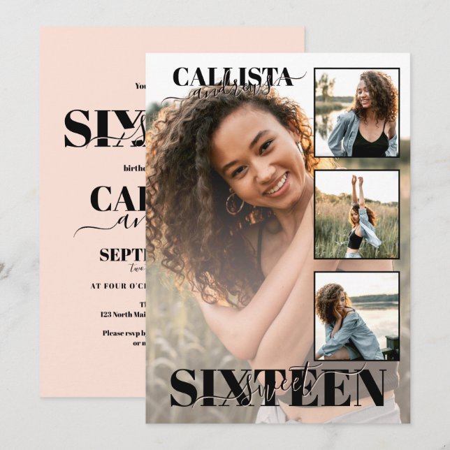 Modern Elegant Black Rosa Fyra fotoSverige 16 Inbjudningar (Fram/baksida)