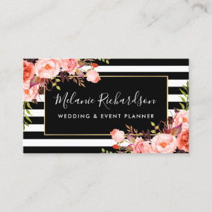 Modern Elegant Black Stripe-Blommigt Visitkort