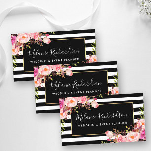 Modern Elegant Black Stripe Rosa Blommigt Visitkort