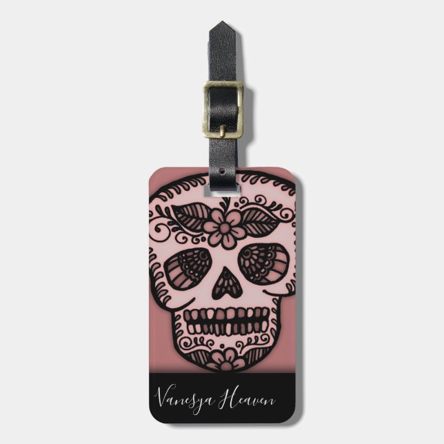 Modern Elegant Black Travel Sugar Skull Tattoo Bagagebricka (Vertikal Framsida)