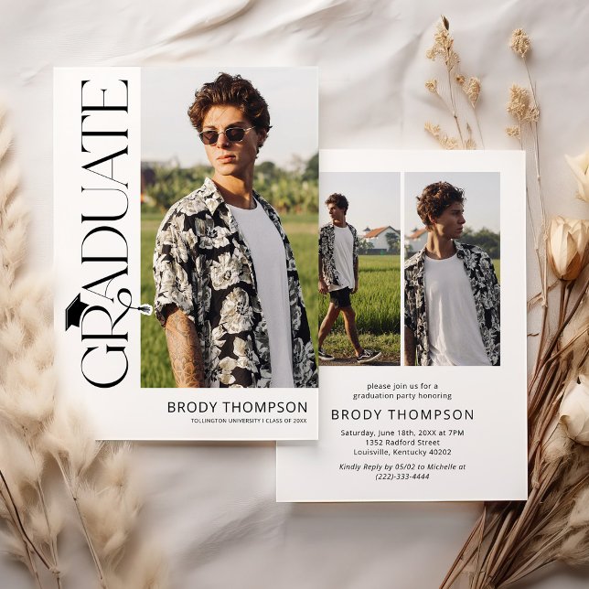 Modern Elegant Black & White 3 Photo Graduation Inbjudningar (Skapare uppladdad)