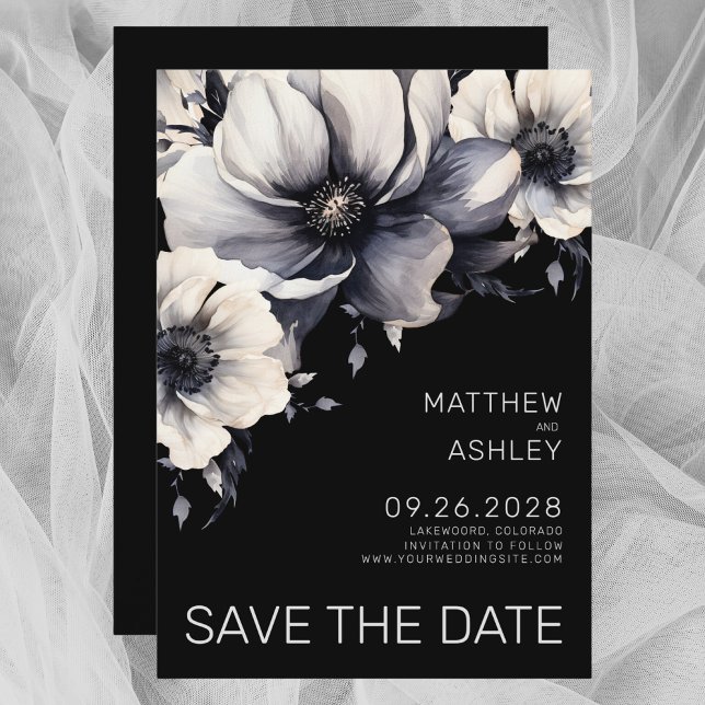 Modern Elegant Black White Blommigt Bröllop Spara Datumet (Modern Elegant Black White Floral Wedding Save the Date)