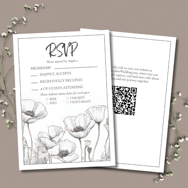 Modern Elegant Black White Blommigt Poppies Bröllo OSA Kort (White Poppies Wedding RSVP Card with Menu Choices.
)