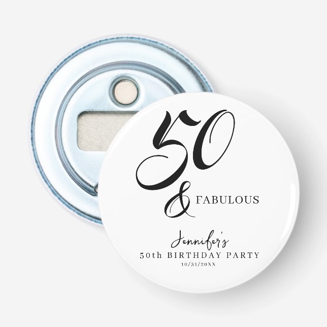 Modern Elegant Black White Fifty Fabulous Birthday Flasköppnare (Framsidan)