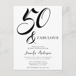 Modern Elegant Black White Fifty Fabulous Birthday Inbjudan Vykort