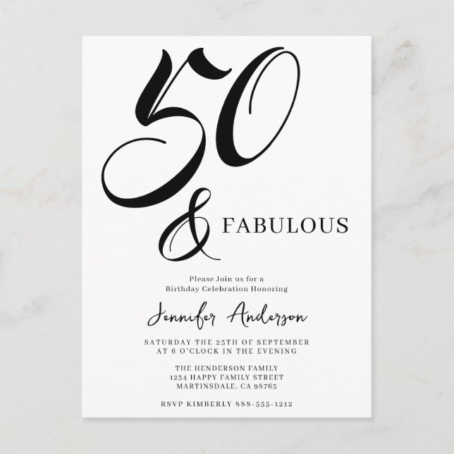 Modern Elegant Black White Fifty Fabulous Birthday Inbjudan Vykort (Framsida)