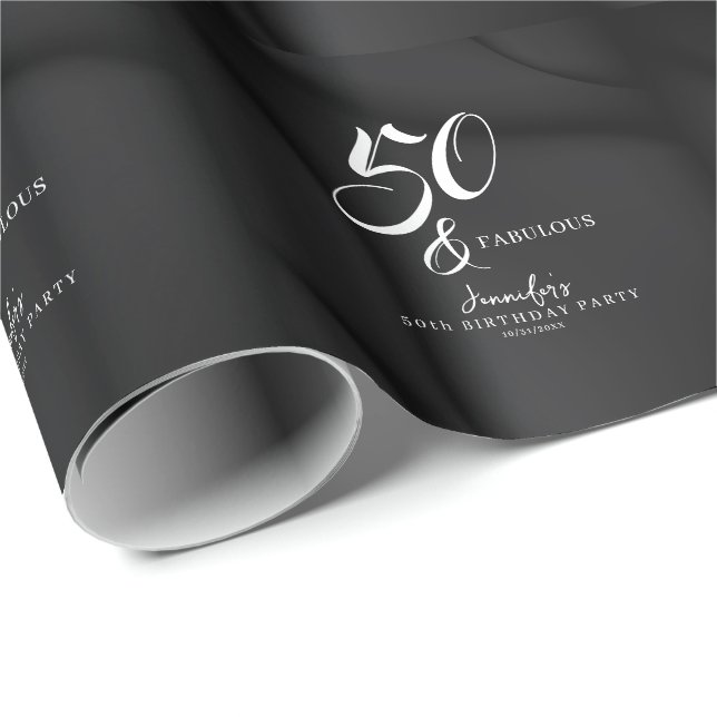 Modern Elegant Black White Fifty Fabulous Birthday Presentpapper (Rullad Hörn)