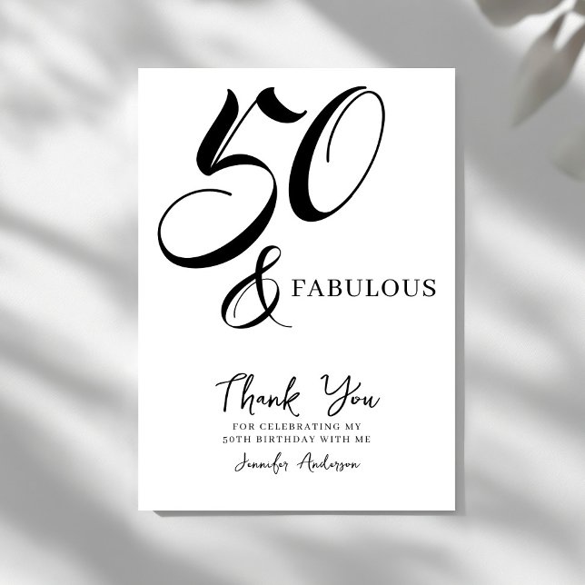 Modern Elegant Black White Fifty Fabulous Birthday Tack Kort (Skapare uppladdad)