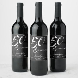 Modern Elegant Black White Fifty Fabulous Birthday Vinflaska Etikett