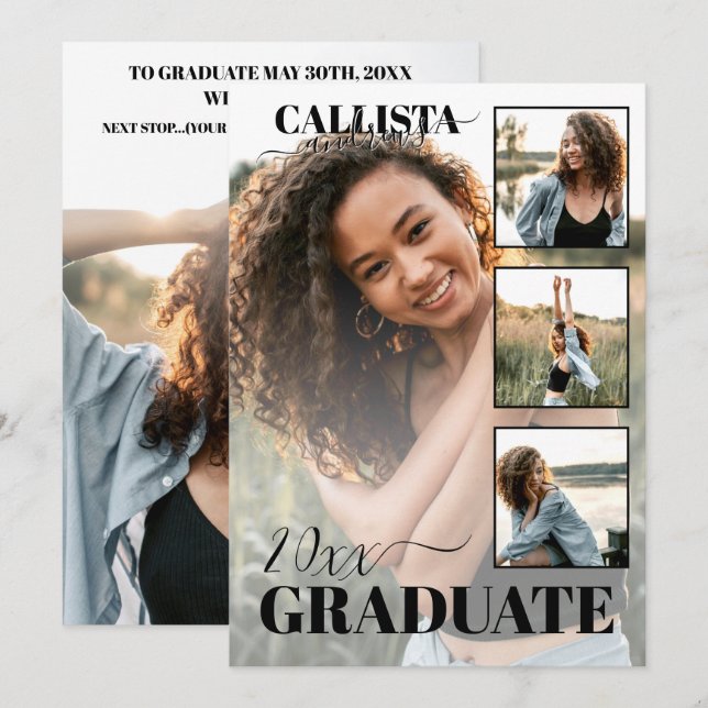 Modern Elegant Black White Fyra Photo Studenten Meddelande (Fram/baksida)