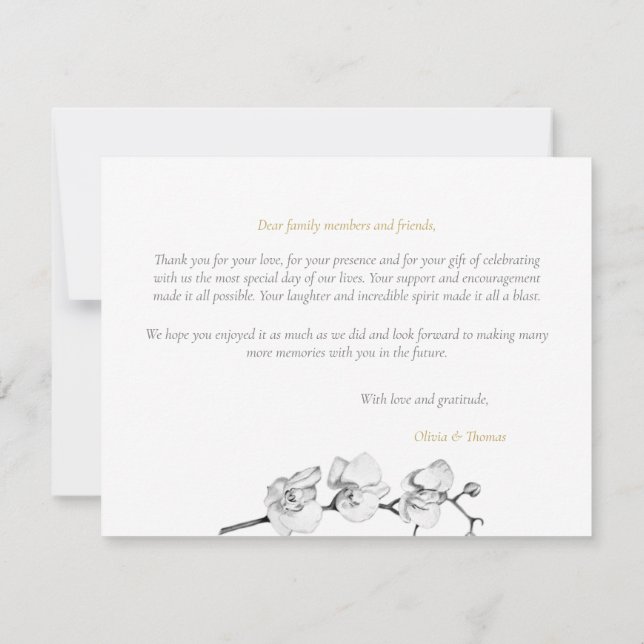 Modern Elegant Black White Guld Orchids Bröllop Tack Kort (Baksida)