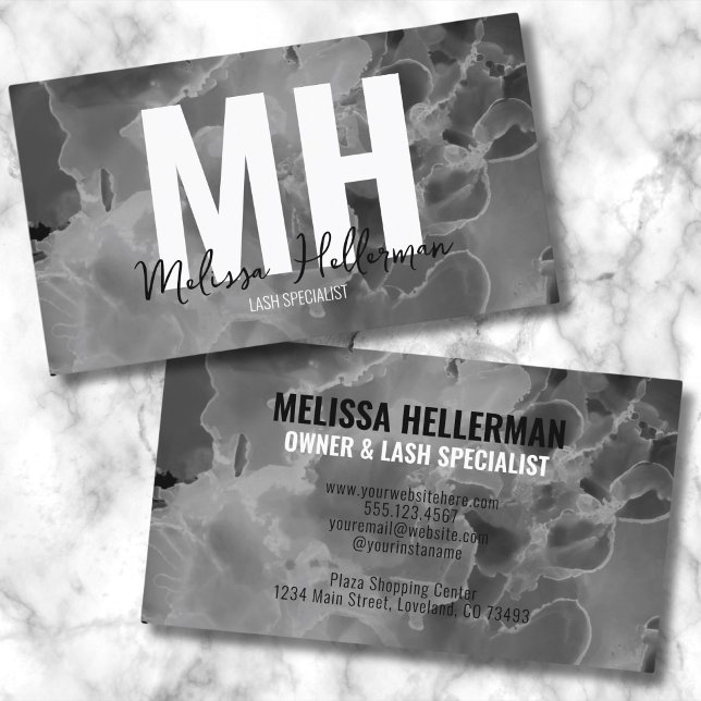 Modern Elegant Black White Monogram Visitkort (Chic Elegant Black Whit Marble Watercolor Monogram Business Card )