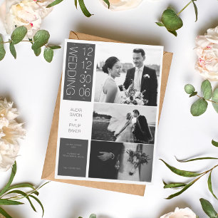 Modern Elegant Black White Photo Collage Bröllop Julkort