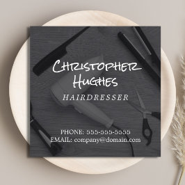 Modern Elegant Black & White Photo Hairdresser Fyrkantigt Visitkort
