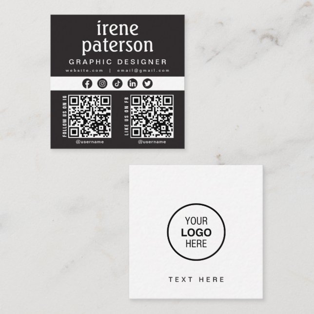 Modern Elegant Black White QR Code Social Media Fyrkantigt Visitkort (Fram/baksida)
