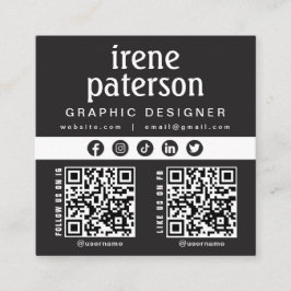 Modern Elegant Black White QR Code Social Media Fyrkantigt Visitkort