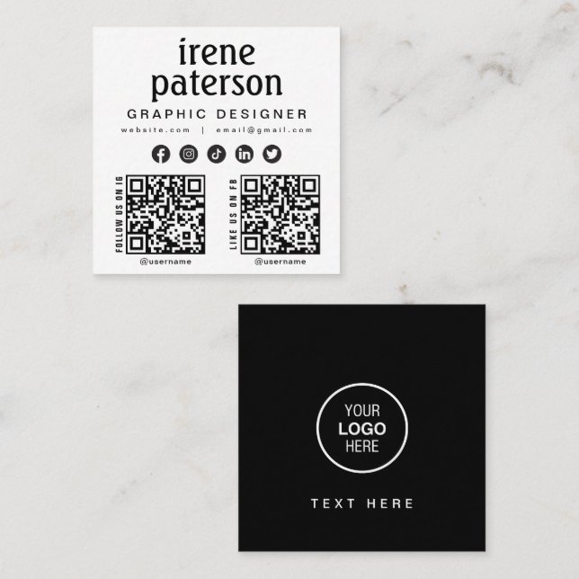 Modern Elegant Black White QR Code Social Media Fyrkantigt Visitkort (Fram/baksida)