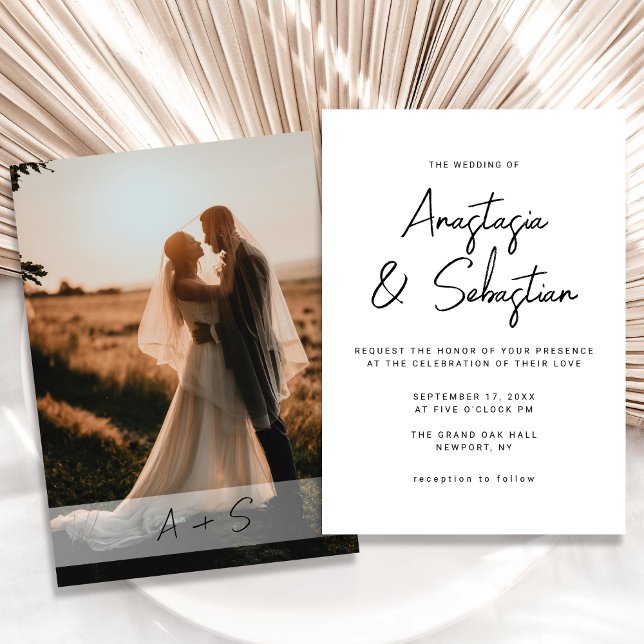 Modern Elegant Black & White Script Photo Bröllop Inbjudningar (Modern Elegant Black & White Script Photo Wedding Invitation)