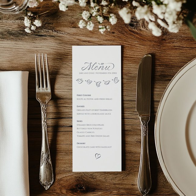 Modern elegant blåfågelfågel bord meny (Wedding reception dinner menu with simple text and pretty flying birds framing the top.)