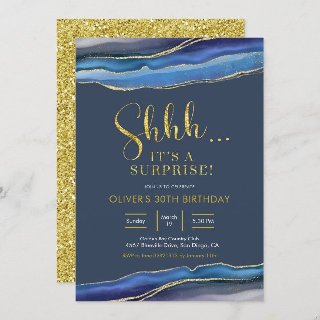 Modern Elegant - blått agate-överraskningsdag Inbjudningar (Fram/baksida)