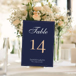 Modern Elegant - blått skript Bröllop Bordsnummer<br><div class="desc">Bordsnumret Modern Elegant Navy Blue Script Bröllop. Kortet är modernt och elegant mörk blått med ett tunt gräns och ett skript i vitt och persikofärgat färg. Anpassa varje kort separat för varje bordsnummer och placera det separat i din kundvagn. Anpassa all text på kortet i bord.</div>