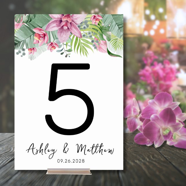 Modern Elegant Blommig Tropisk Bröllop Bordsnummer (Modern Beach Elegant Palm Floral Tropical Wedding Table Number)