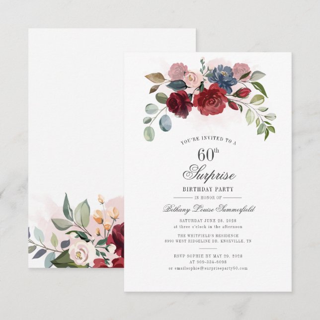 Modern Elegant Blommigt 60:e Födelsedagsfesten Inbjudningar (Fram/baksida)