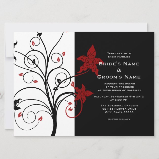 Modern Elegant Blommigt Black and Red Wedding bjud Inbjudningar (Framsida)