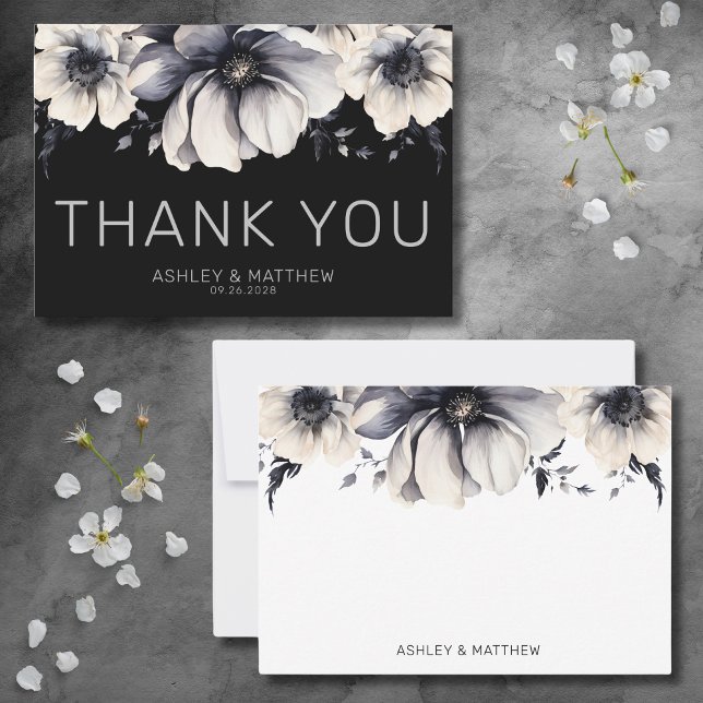 Modern Elegant Blommigt Black Bröllop Tack Kort (Modern Elegant Floral Black Wedding Thank You Card)