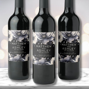 Modern Elegant Blommigt Black White Bröllop Vinflaska Etikett