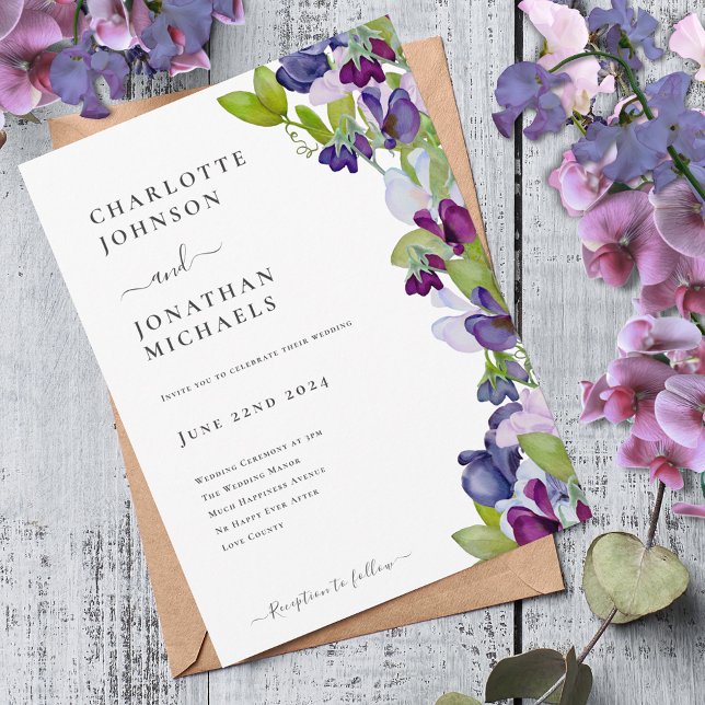 Modern Elegant Blommigt Blue Inbjudningar (Modern sweetpea blue burgundy pink wedding invitation boho chic watercolor floral)