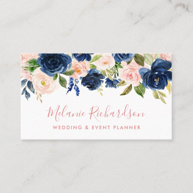 Modern Elegant Blommigt Classic Blue-Rosa  Visitkort (Framsida)
