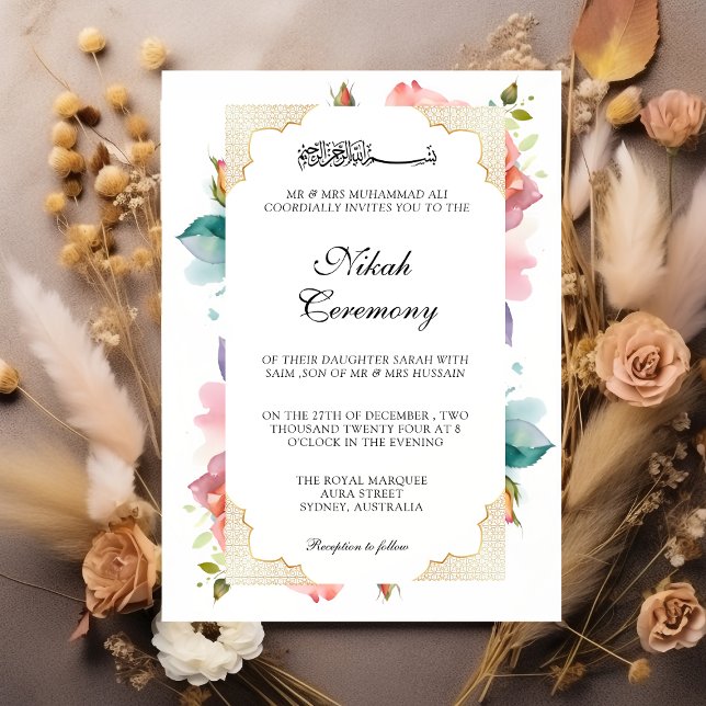 Modern Elegant Blommigt för  Rosa Nikah Muslim Inbjudningar (Skapare uppladdad)